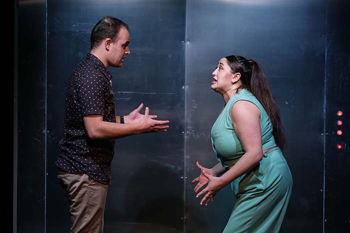 A man and a woman in a lift argue animatedly, waving their arms around.