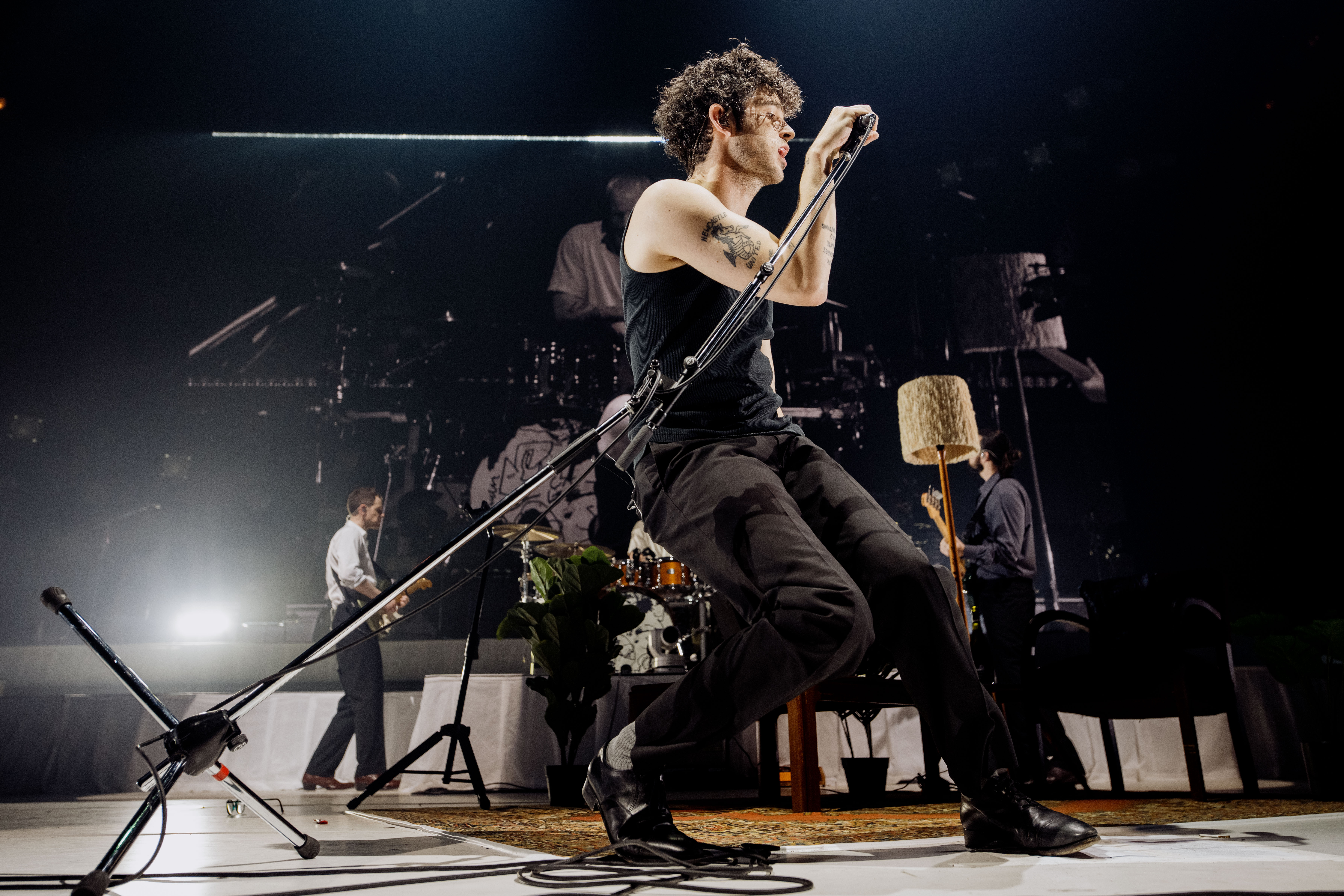 Matty Healy of The 1975 live on stage at Aware Super Arena on the 14th of April 2023. Photo by Jordan Curtis Hughes