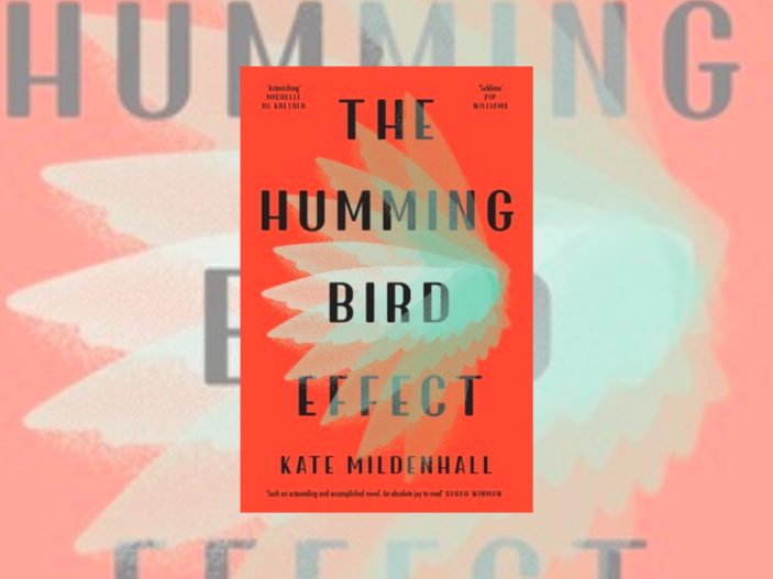 The Hummingbird Effect is an orangey-red book with a green geometric pattern that looks like wings underlayed below the title. The author's name is along the bottom: Kate Mildenhall.