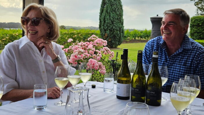 Hunter Valley Legend Neil McGuigan and his wife Debra, at a tasting at their Pokolbin home